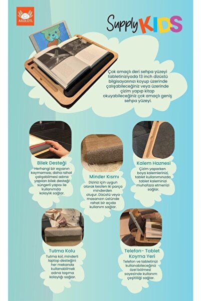 Axolotl Supply Kids Telefon Ve Tablet Bölmeli Minderli Laptop Sehpası 13" Inch