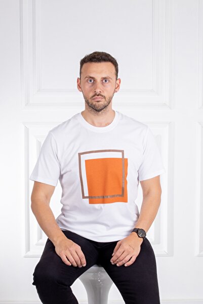 Sarar Επισκέψτε το μπλουζάκι με λαιμόκοψη Basic με στάμπα 100% βαμβακερό λευκό πορτοκαλί