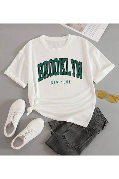 Josette Μπλουζάκι Unisex White Brooklyn Printed Crew Neck Oversize