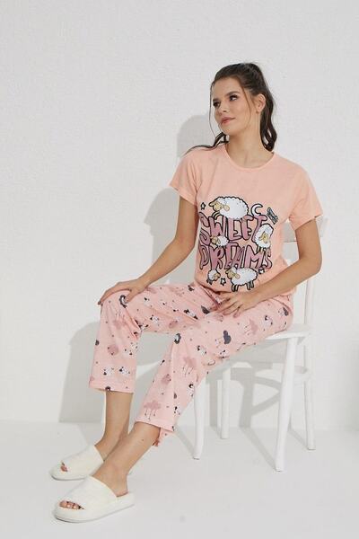 PIJAMASSTORE Sweet Dreames με τύπωμα Κρεμ Χρώμα Κοντομάνικο Τοπ, Σετ Πιτζάμες...