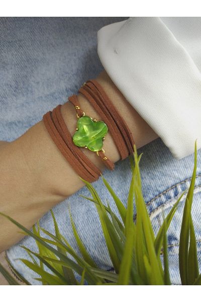 ZeynDesign Brown Clover Wrap Bracelet with Pearl Stones