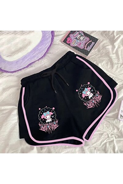 MECH BUTİK Mymelody Saçaklı Baskılı Siyah Şort