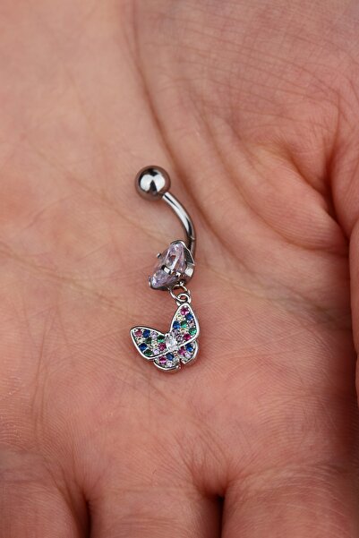 Vilma Aksesuar Cerrahi Çelik Kelebek Taşlı Göbek Piercing (10mm)