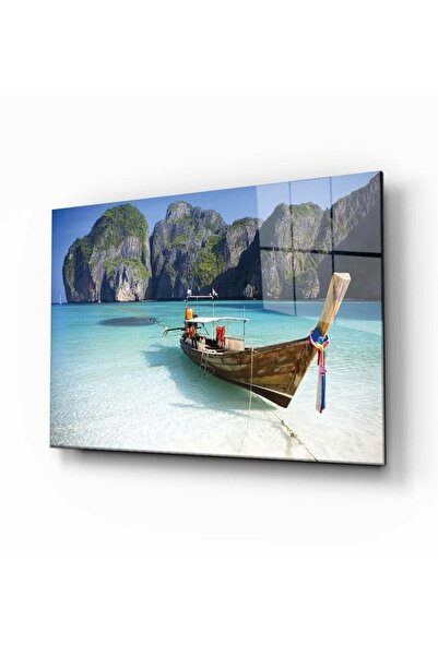 Rosyvien Pictură pe sticlă cu peisaj marin, stâncă, barcă și natură, decor de...