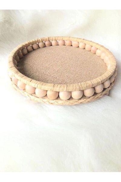 Almisu Decorative Natural Raffia Wicker Tray Bathroom, Kitchen Decorative Tray 20 cm