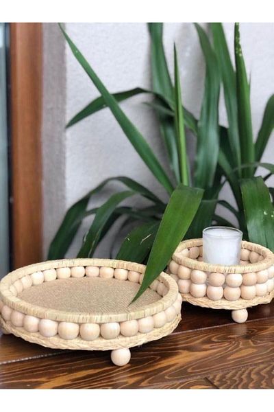 Almisu Double Decorative Natural Raffia Wicker Tray Bathroom, Kitchen Decorative Tray