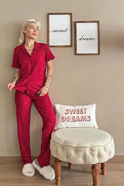 Pijamaevi Red Star Patterned Knitted Front Buttoned Short Sleeve Women's Pajamas