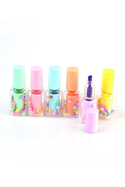 Kids Like Nail Polish Shaped Pastel Color Highlighter Pen Set 6 Colors Set
