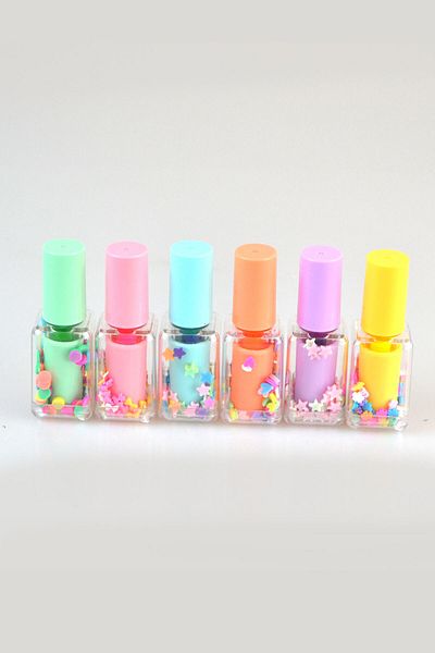 Kids Like Nail Polish Shaped Pastel Color Highlighter Pen Set 6 Colors Set