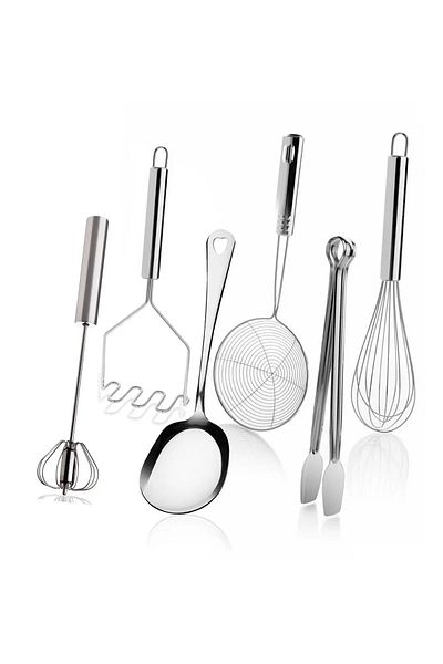 AKCAKESE 6 Piece Stainless Steel Kitchen Prep Whisk Colander Tongs Potato Masher Set
