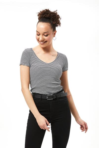 Aslında Look Μπλουζάκι μπλούζα με ριγέ κοντό μανίκι V λαιμόκοψη 100% βαμβάκι