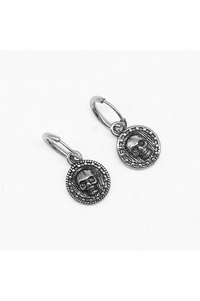 Viking Skull Medallion Dangle Hoop Gothic Snap-on 316L Steel Earrings
