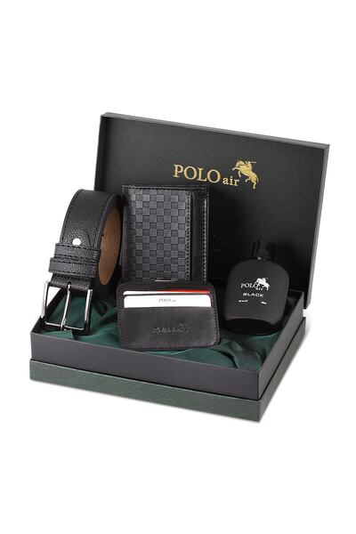 Polo Air Dama Desenli Kutulu Erkek Cüzdan Kemer Kartlık Parfüm Seti Siyah