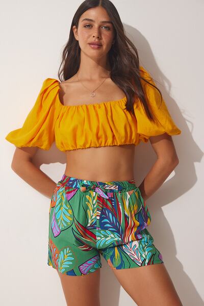 Happiness İstanbul Dámské oranžově zelené letní viskózové šortky s vysokým pasem BH00407