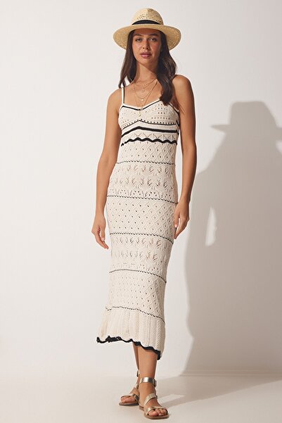 Happiness İstanbul Dámské krémové letní dlouhé úpletové šaty YY00148