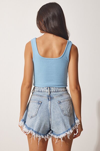 Happiness İstanbul Women's Sky Blue Pink Strap Crop 2 Pack Knitted Blouse GT00034