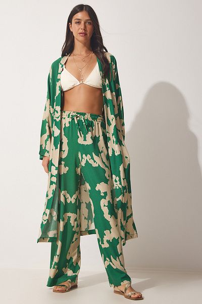 Happiness İstanbul Grün-beige gemustertes Viskose-Kimono-Palazzo-Hosenset für Damen CI00086