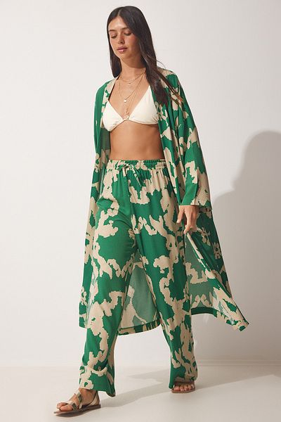 Happiness İstanbul Grün-beige gemustertes Viskose-Kimono-Palazzo-Hosenset für Damen CI00086