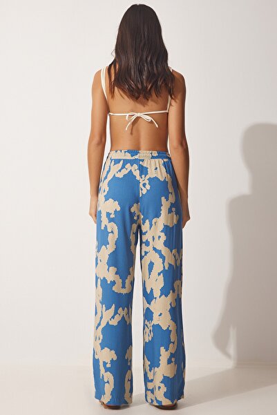 Happiness İstanbul Blau-beige gemustertes Viskose-Kimono-Palazzo-Hosenset für Damen CI00086