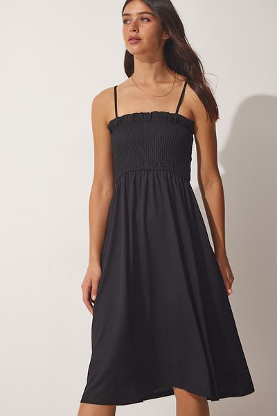 Happiness İstanbul Rochie neagră de vară cu volane cu bretele pentru femei DD01228