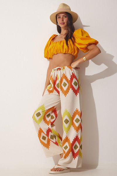Happiness İstanbul Women's Yellow Cream Floral Linen Palazzo Trousers BH00385