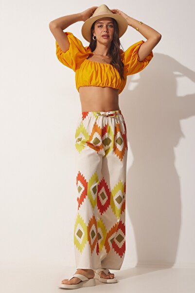 Happiness İstanbul Női sárga krémszínű virágos vászon Palazzo nadrág BH00385