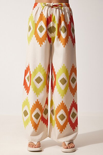 Happiness İstanbul Női sárga krémszínű virágos vászon Palazzo nadrág BH00385