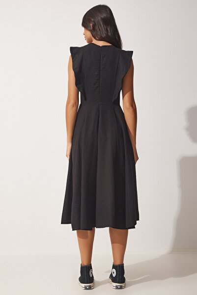 Happiness İstanbul Dámské černé letní lněné šaty TO00066