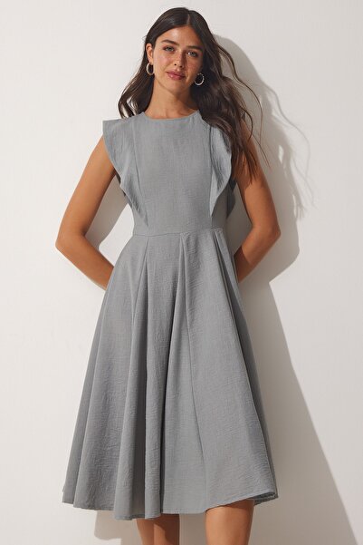 Happiness İstanbul Dámské šedé letní lněné šaty TO00066