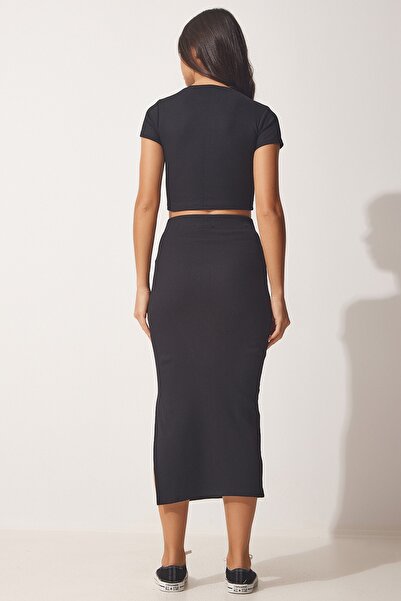 Happiness İstanbul Női fekete nyári Saran kötöttáru kötött blúz szoknya szett MW00123