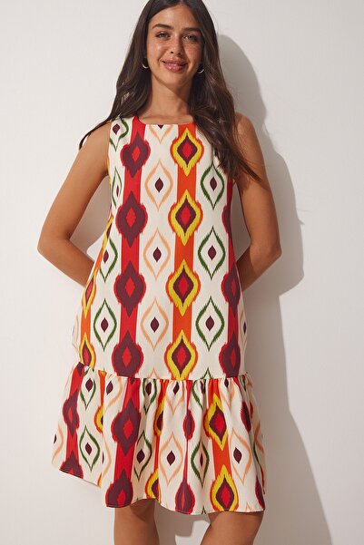 Happiness İstanbul Női krém narancs mintás nyári poplin ruha LU00021