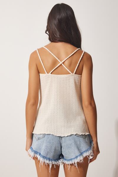 Happiness İstanbul Dámská Ecru Strappy letní halenka z viskózového úpletu UB00096