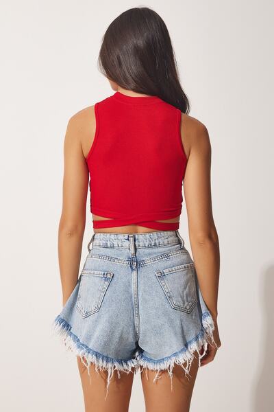 Happiness İstanbul Dámská červenomodrá 2dílná pletená halenka s ohlávkou a výstřihem CE00077