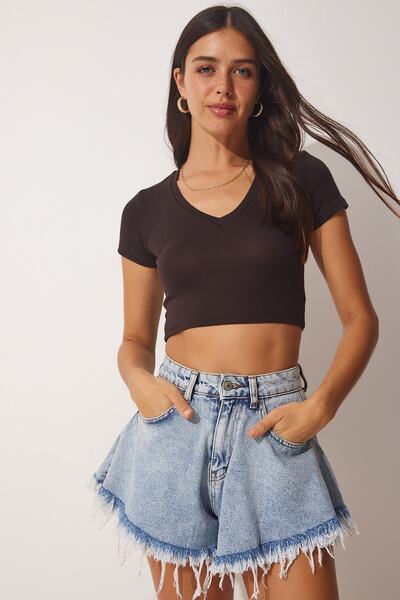 Happiness İstanbul Női keserűbarna, V-nyakú nyári kötött növényi póló CE00078