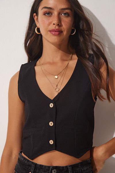 Happiness İstanbul Women's Black V-Neck Linen Vest HF00436