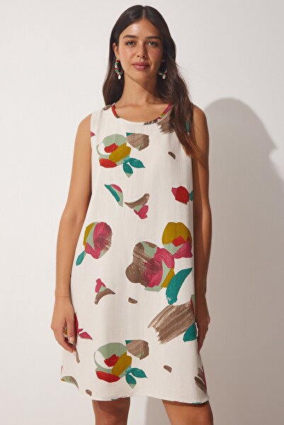 Happiness İstanbul Women's Green Beige Patterned Linen Viscose Mini Dress BH00343