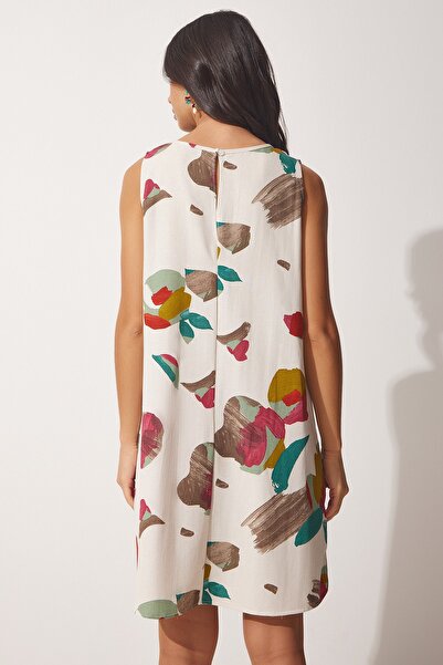Happiness İstanbul Women's Green Beige Patterned Linen Viscose Mini Dress BH00343
