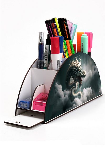 kutuTR Wooden Vip Dragon And Dinosaur Series Rainbow Ruled Desktop Pen Holder Organizer Assembled Boxed