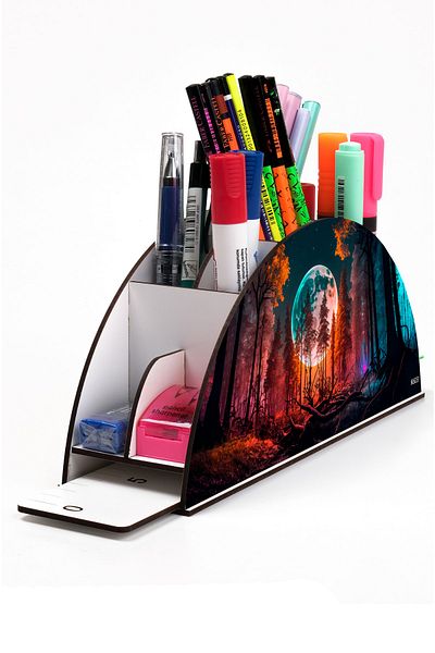 kutuTR Wooden Landscape Rainbow Ruled Desktop Pen Holder Organizer with Assembled Box