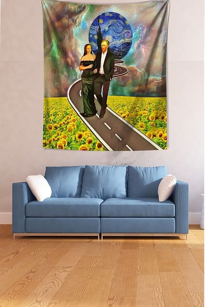 on the clouds Van Gogh And Mona Lisa Sunflower Stars Stain Resistant Fabric Wall Cloth Wall Carpet Tapestry