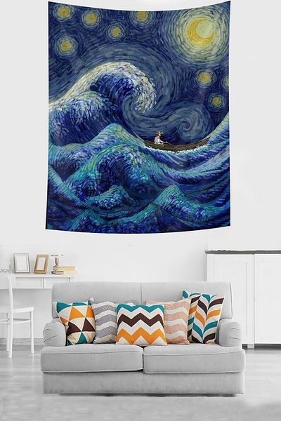 on the clouds Van Gogh pe un barcă în nopți înstelate Tapiserie de perete din țesătură rezistentă la pete Tapiserie