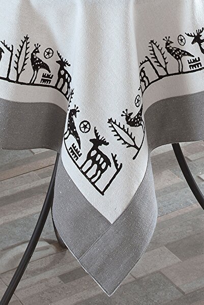 ÖDEL HOME Buldan Fabric Bordered Stone Printed Ethnic Patterned Tablecloth