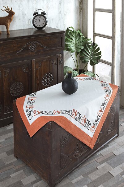 ÖDEL HOME Buldan Fabric Bordered Stone Printed Ethnic Patterned Tablecloth