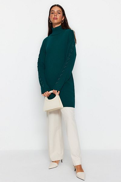 Trendyol Modest Sötétzöld ujjú Pearl részletes kötöttáru pulóver TCTAW24AK00129