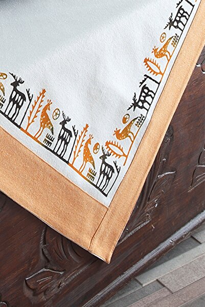ÖDEL HOME Buldan Fabric Bordered Stone Printed Ethnic Patterned Tablecloth