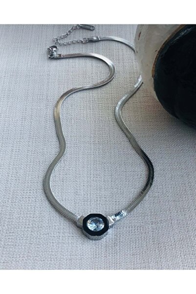 stainles steel Çağla Şikel Gümüş Renk Zirkon Taş Çelik Kolye