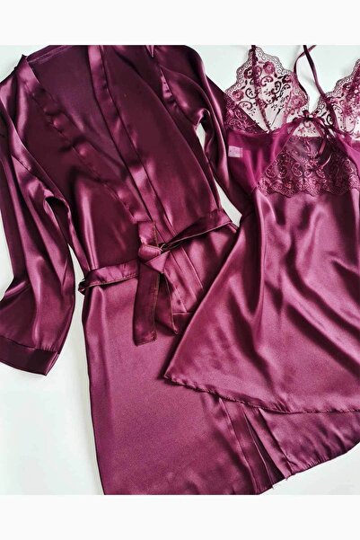 Çeyize dair herşey Mürdüm Sabahlıklı Soft Saten Gecelik Seti 6446