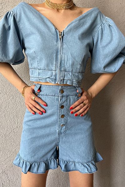 Seda Yalçın Atelier Világoskék farmer rövidnadrág és blúz szett