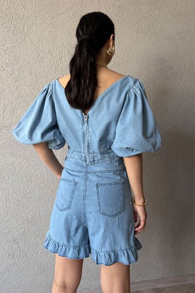 Seda Yalçın Atelier Light Blue Buttoned Shorts and Blouse Denim Set