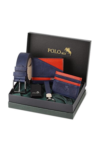 Poloair Su Yolu Desen Cüzdan Kartlık Kemer Çakmak Anahtarlık Kombin Lacivert Set